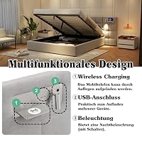 Kayan Polsterbett 180x200cm, Boxspringbett mit hydraulisches Bettkasten, Bett mit Lattenrost, Leselicht mit USB und Drahtloses Aufladen Kopfteil, Stauraumbett Doppelbett Jugendbett, PU (Grau) – Ansicht 5