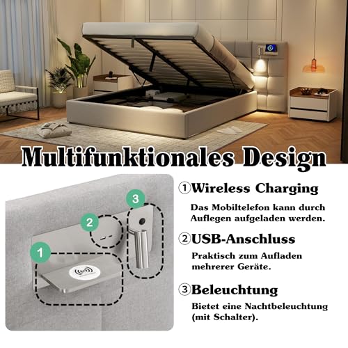 Aoskem Polsterbett Bett 180x200 cm Doppelbett mit Stauraum, Extrabreiter Kopfteil mit Leselicht&USB&KabellosesLaden, Stauraumbett Bettgestell mit Lattenrost, Funktionsbett, Ohne Matratze (Leinen Grau) – Bild 5