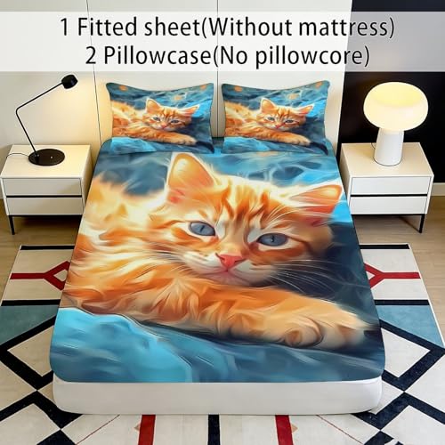 Drap housse chat roux microfibre literie chambre protège-matelas - 3