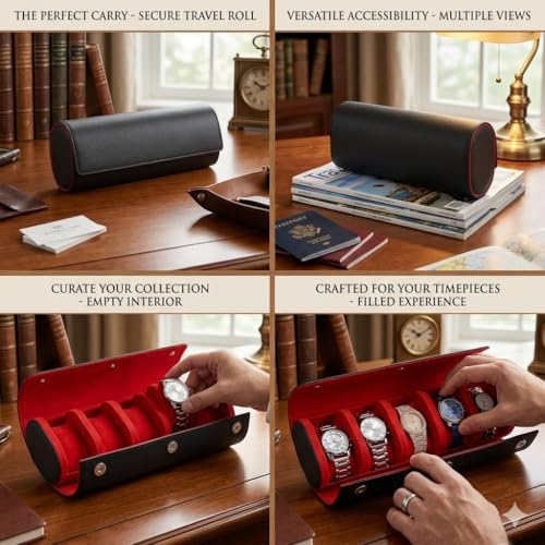 Image of essart 5-Slot Watch Roll Travel Organizer - Premium PU Leather Watch Storage Case, Portable Travel Watch Roll for Men & Women, & Gift Box