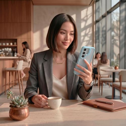 Image of amazon basics Frosted Matte Case for Samsung Galaxy S24 5G | Built-in Flip-Out Camera Lens Stand | Translucent Back with Contrast Blue Bumper | Shockproof Protective Cover with Foldable Kickstand