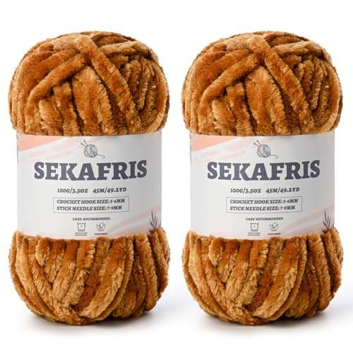 Image of Chenille Velvet Soft Yarn Brown 2 Pack