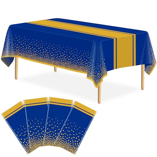 Image of 4 Pack Blue and Gold Tablecloth Party Decorations Plastic Blue Tablecloth Printed Gold Table Runner 54 x108 Inch Disposable Rectangle Table Cover for Birthday Wedding Graduation Anniversary