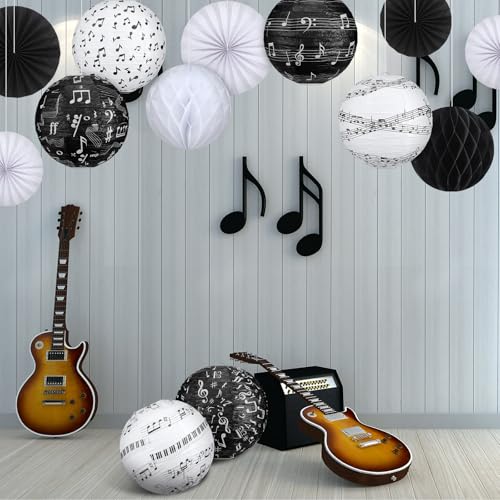 Image of Baquler 18 Pcs Music Party Decoration Hanging Paper Lantern Music Notes Fans Black and White Honeycomb Ball for Rock Roll Concert 50's Theme Party Ceiling Decor Supplies