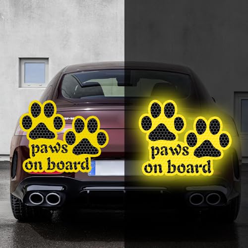 Image of 2pcs Reflective Paw Print Decal Dog Paws on Board Car Window Sticker Safety Warning Sign Stickers Funny Reflective Vinyl Stickers for Car Motorcycles Laptop (Yellow)