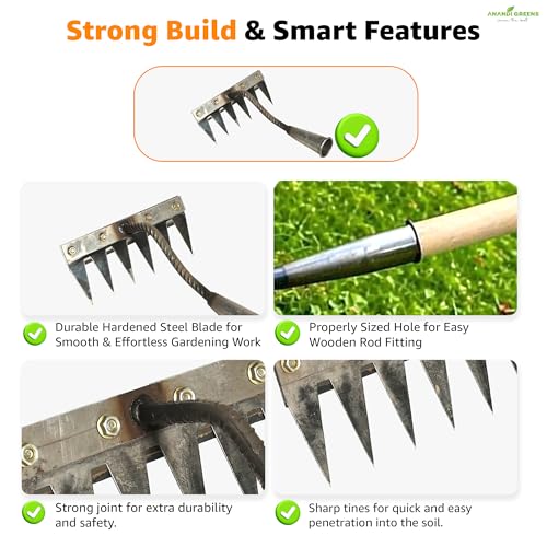 Image of Anandi Green's 6 Teeth Garden Rake Heavy Duty Carbon Steel Rake Handle for Soil Loosening, Weeding, Lawn & Yard Cleaning Multipurpose Outdoor Gardening Tool for Home Farm & Agricultural Use