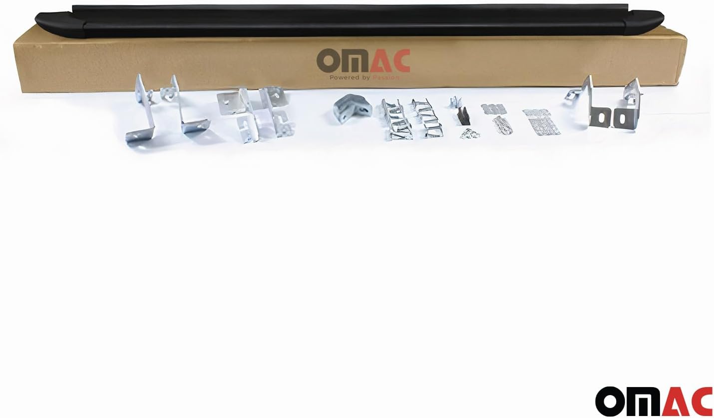 Contents of the OMAC Side Steps package, showing two side steps in a box and various mounting hardware components laid out.