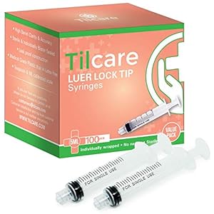 5ml Syringe Without Needle Luer Lock 100 Pack by Tilcare – Sterile Plastic Medicine Droppers for Children, Pets or Adults – Latex-Free Oral Medication Dispenser – Syringes for Glue and Epoxy