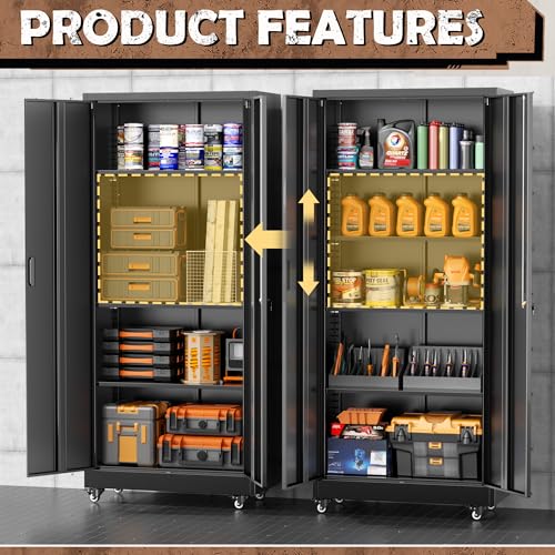 Image of INTERGREAT73 Garage Storage Cabinet with Wheels, Rolling Metal Storage Cabinet with Locking Doors and 4 Adjustable Shelves,- 73 inch Steel Tool Cabinet for Home Office,Garage,Warehouse,Black
