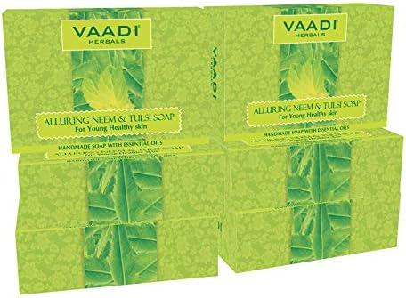 Neem Tulsi Bar Soap with Aloe Vera Extracts, Vitamin E and Tea Tree Oil - Handmade Herbal Soap with 100% Pure Essential Oils - ALL Natural - Each 2.65 Oz - Pack of 6 (16 Oz) - Vaadi Herbals