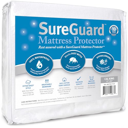 SureGuard California King Mattress Protector - 100% Waterproof, Hypoallergenic - Premium Fitted Cotton Terry Cover