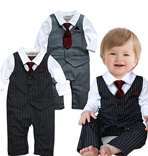 StylesILove Handsome Tie Striped Vest Formal Wear Wedding Baby Boy Romper Oneise (12-18 Months, Black)