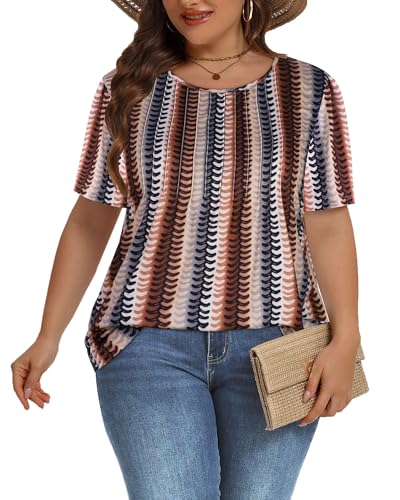 Image of Plus Size Tops for Women Pleated Summer Top Trendy Short Sleeve Shirts Casual Basic Tee Crew Neck Blouses 2026