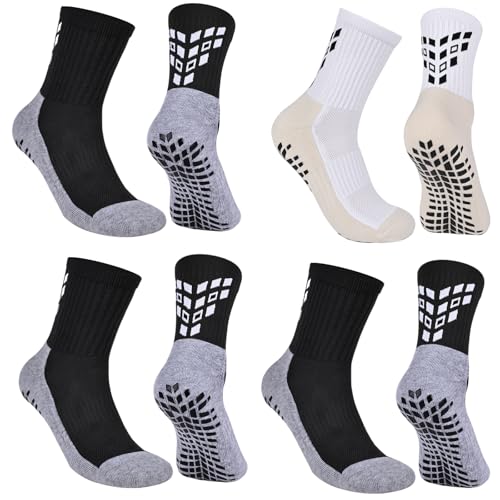 Image of Anti-slip Grip Soccer Football Sports Socks Men Women Cushioned Cotton Crew Socks Yoga 6-8.5 1whitebeige+3blackgray M 4 Pair