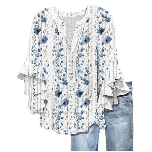 Linen Blend Tops for Women Ruffled Blouses for Women 3/4 Length Sleeve Womens Flowy Tops Plus Size Tshirts Casual Lightweight Eyelet Clothes Blue XX-Large