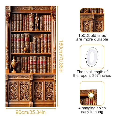 Image of Vintage Library Bookshelf Door Cover, Antique Books Faux Bookcase Door Decorations, Polyester Dark Academia Door Banner Indoor Outdoor 35.43 x 70.87 Inch