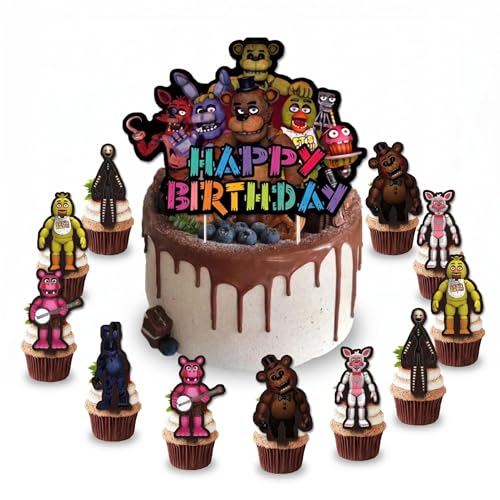 25 Pcs Five Nights Happy Birthday Cake Toppers Freddys Cake Decorations This Cake Decoration set Includes 1 Happy Birthday Topper and 24 Dessert Decorations