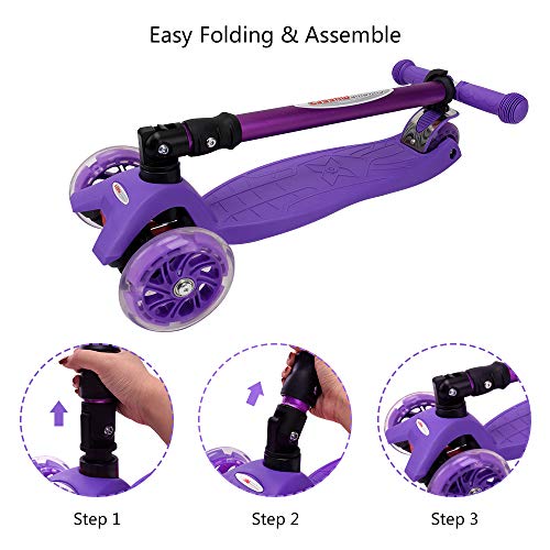 Chromewheels Scooters For Kids, Deluxe Kick Scooter Foldable 4 Adjustable Height 132Lbs Weight Limit 3 Wheel, Lean To Steer Led Light Up Wheels, Best Gifts For Girls Boys Age 3-12 Year Old, Purple #TOP6