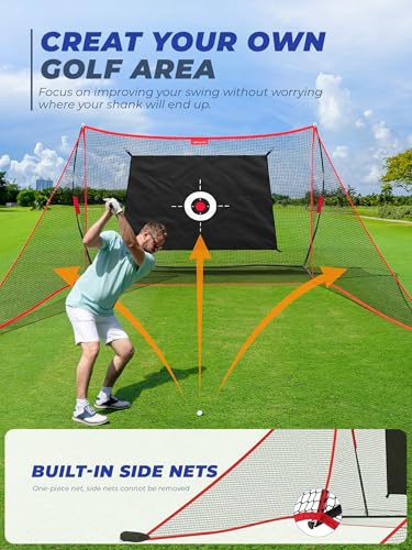 Sturdum 10x7ft Golf Hitting Net with Built in Side Barriers, Heavy Duty Practice Net for Driving Swing Chipping Home Simulator Training, Portable Training Aid with Carry Bag