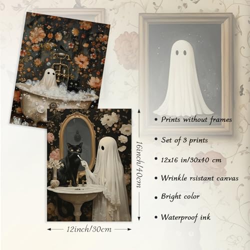 Dazzlewall 3Pcs Vintage Halloween Wall Art Print, Halloween Ghost & Black Cat Bathroom Wall Picture Print Creepy Horror Dark Academia Poster, 12x16 in Unframed - Cosy Home Interiors Dazzlewall 3Pcs Vintage Halloween Wall Art Print, Halloween Ghost & Black Cat Bathroom Wall Picture Print Creepy Horror Dark Academia Poster, 12x16 in Unframed - Image 5