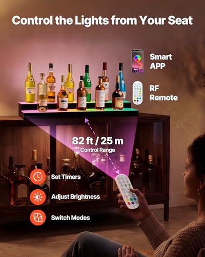 Image of VEVOR LED Lighted Liquor Bottle Display, 2 Tiers 40 inches, Supports USB, Acrylic Illuminated Home Bar Shelf Display with RF Remote & App Control, 9 Static Colors, Timing Mode, for 20-28 Bottles