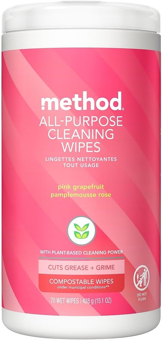 Method All-Purpose Cleaning Wipes, Pink Grapefruit, Multi-Surface, Compostable, 70 Count (Pack of 1)