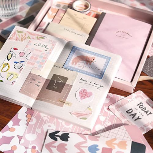 Image of The AutoStory Scrapbooking Kit A6 Junk Journal Notebook Cute Decals Decorative Cardstock Washi Tape DIY Craft Art Diary Planner Decor Keepsake Gift for Women Teens Girls (Warm Greetings, Pink)