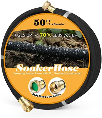 Soaker Hose 50ft for Garden Beds, Solid Brass Interface Irrigation Save 70% Water Heavy Duty Rubber 1/2" Diameter Great for Gardens/Flower Beds - Thumbnail 4