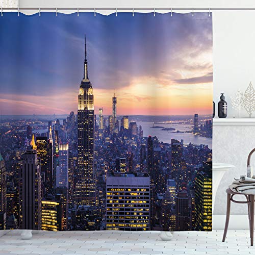 Ambesonne Modern Shower Curtain, New York City Skyline with Skyscrapers at Sunset Night American Urban Life Image, Cloth Fabric Bathroom Decor Set with Hooks, 75  Long, Orange Blue