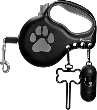 Retractable Dog Leash for Large & Extra Large Dogs (Up to 110lbs) - Customizable, Patented, Reflective Design, Ergonomic Handle, Includes Hooks & Poop Bag Holder & Dispenser - Black