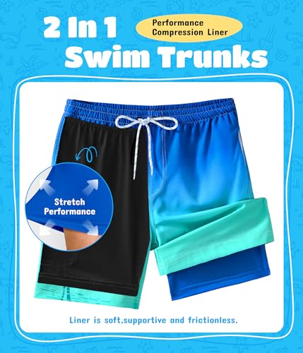 Boys Swim Trunks with Compression Liner Boys Quick Dry 2 in 1 Swim Shorts Summer Beach Shorts Blue Green4
