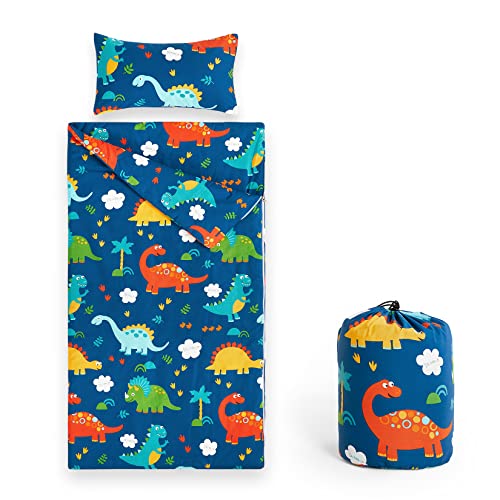 Wake In Cloud - Sleeping Bag Zippered, Nap Mat With Matching Pillow For Kids Boys Girls Sleepover Overnight Travel Slumber Bag, Dinosaurs Printed On Navy Blue, 100% Cotton With Microfiber Fill #TOP19