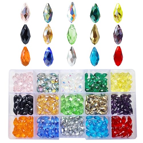 Image of 6x12mm Teardrop Glass Beads for Jewelry Making 300pcs Faceted Horizontal Hole Crystal Prism Beads Assortments Accessories for Pendants Necklaces Decoration Party Wedding with Cord