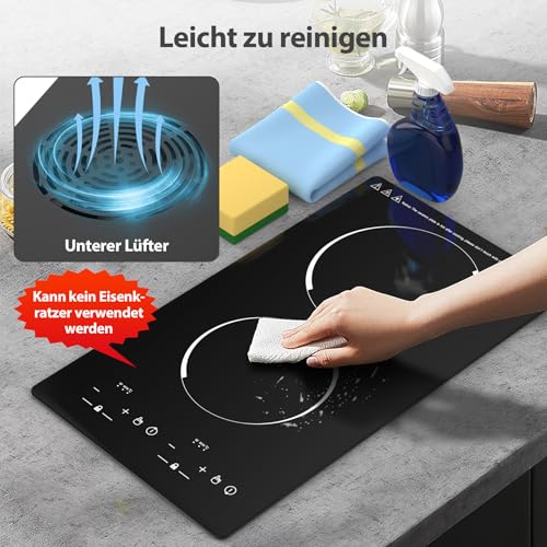 VBGK Induktionskochfeld,3000W 220V Herdplatte Induktionsherd Induktionskochplatte mit 2 kochfelder Kindersicherung, Touchsteuerung, Restwärmeanzeige, Stecker,29 * 51cm