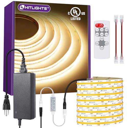 HitLights COB LED Strip Lights Kit Warm White 3000K, Dimmable Tape Light with Remote 12V Power Supply, 2640 LEDs, 426 lm/ft, CRI 90+, UL Listed, Premium Lighting for Kitchen Cabinets Bedroom,16.4ft