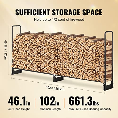 Image of VEVOR 8.5FT Outdoor Firewood Rack with Cover, 102x14.2x46.1 in, Heavy Duty Firewood Holder & 600D Oxford Waterproof Cover for Fireplace, Patio, Indoor /Outdoor Log Storage Rack for 1 /2 Cord of Firewood