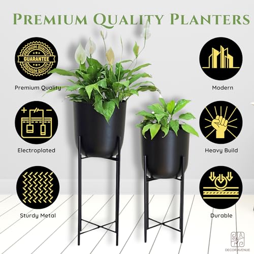 Image of Black Planters with Stand (Set of 2) Indoor Pots for Living Room Bedroom Balcony Home and Office (Solid Black)