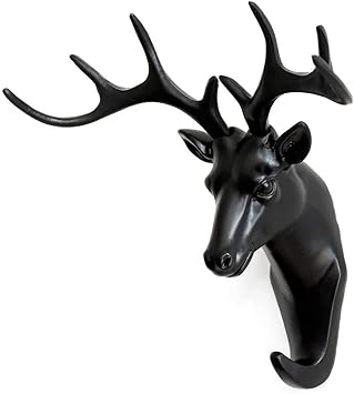 DHVSAM Deer Head Single Wall Hook / Hanger Animal Shaped Coat Hat Hook Heavy Duty, Rustic, Key, Clothes ,Pet Leash,Umbrella,9-Hooks, Rack Organizer for Wall Decorative Gift Wall Mounted (Black)