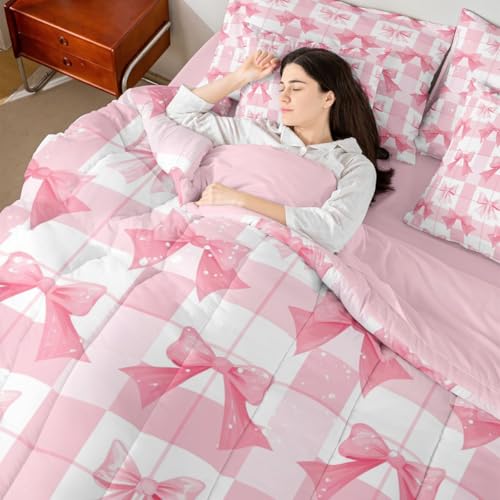 Image of Pink Bow King Size Comforter Set with Sheets | Cute Ribbon Bowknot 7 Piece Bedding Set Princess Bow Tie Bed in a Bag, Dreamy Pink Plaid Bowknot Room Decor,Kawaii Room Decor Aesthetic