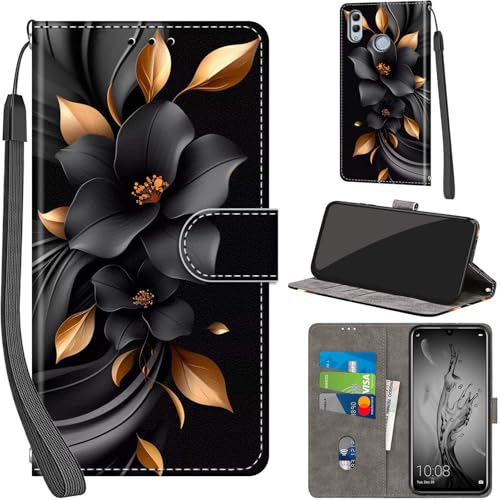PHINIENLAND Handyhülle für Huawei P Smart 2019 Hüllen Premium Leder Case Klappbar Wallet Magnet Kartenfach Standfunktion Schutzhülle kompatibel mit Honor 10 Lite Cover Blumen