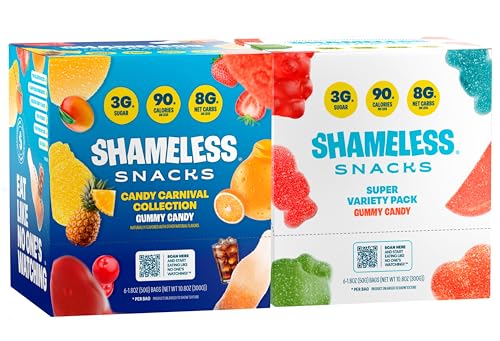Shameless Snacks Duo: 6 Pack Super Variety & 6 Pack Candy Carnival Bundle - Low Sugar Snacks - Pineapple, Mango, Orange, Strawberry & Cola Gummies - Vegan, Gluten-Free, Low-Calorie image 5