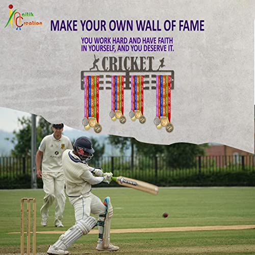 Image of NAITIK CREATION Medal Hanger for Wall - Medal Holder Display Hanger | Holds Up to 45 Medals | Sports Medal Display | Medals Hanger | Premium Antique Golden (Cricket)