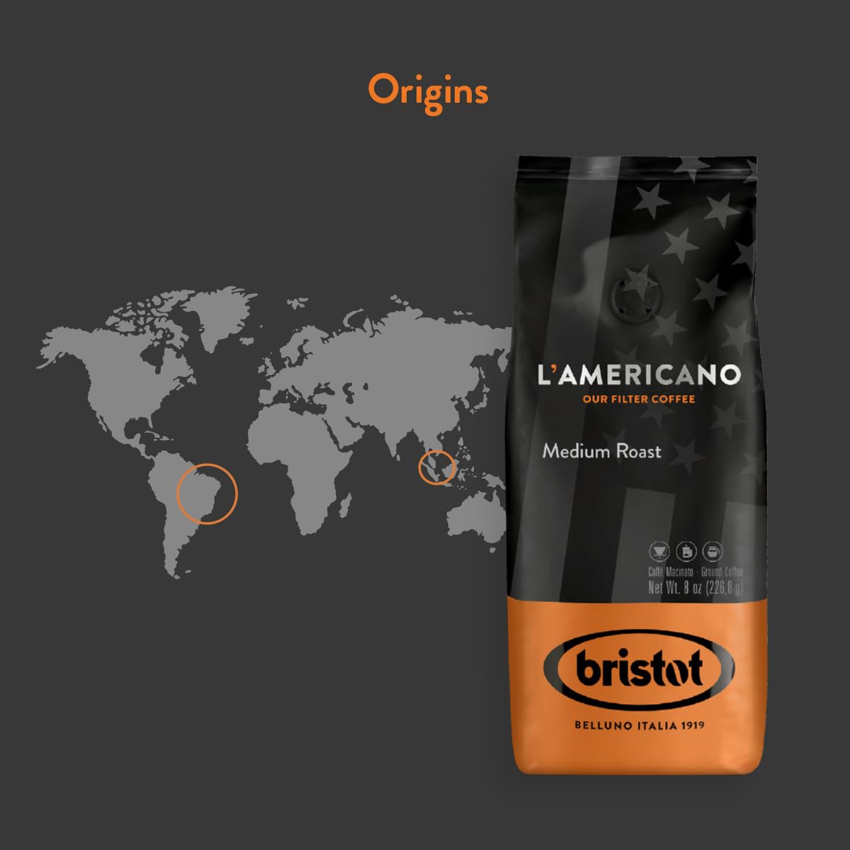 Bristot, Caffè Macinato L’Americano Medium Roast - Miscela per Caffè Americano da Brasile e Sud Est Asiatico, Note di Cioccolato, Spezie e Cacao - Set da 4 Confezioni da 226g (Totale 904g)