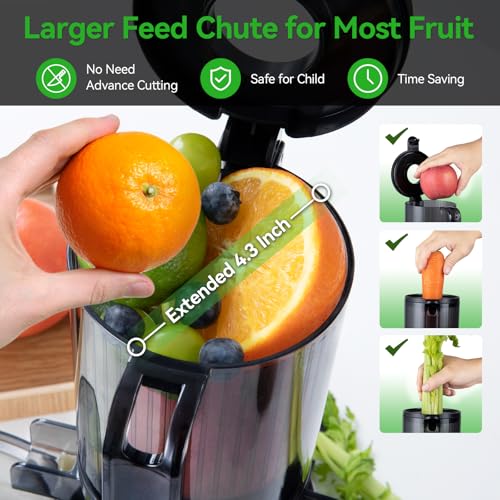 Juicer Machines, Cold Press Juicer with 4.3" Large Feed Chute Fit Whole Fruit and Vegetable, Masticating Machine with Juice Recipe,Self Feeding Effortless for Batch Juicing,Easy to Clean,Black - Image 4