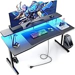 GTRACING 55 Inch Gaming Desk with LED Lights, Computer Gamer Desk with Monitor Stand, Ergonomic Carbon Fiber Surface Gaming Table with Mouse Pad for Home Office, RGB