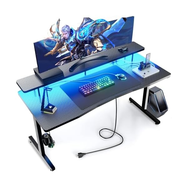 GTRACING 55 Inch Gaming Desk, Computer Gamer Desk with Monitor Stand, Ergonomic Carbon Fiber Surface Gaming Table with Power Outlet and Mouse Pad for Home Office, RGB