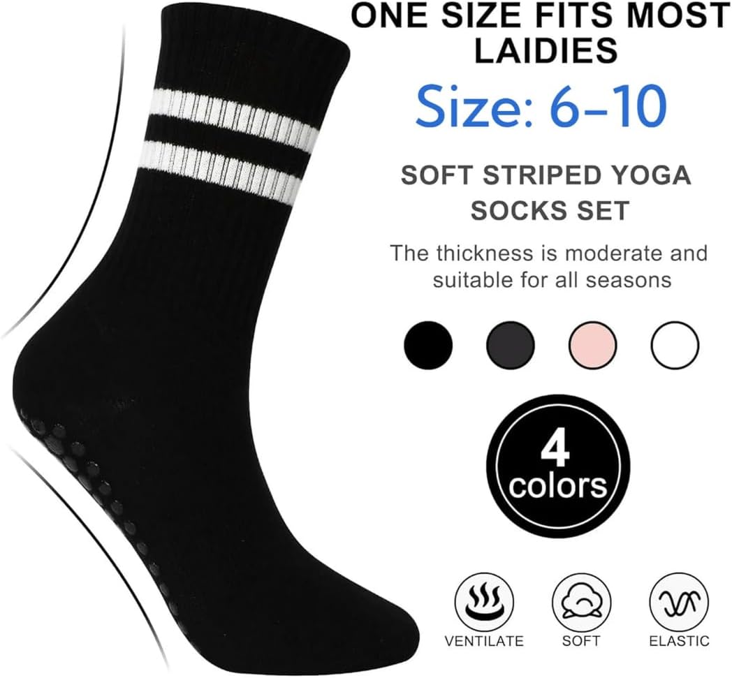 Pilates Socks for Women, Non-Slip Grip Socks for Yoga & Barre, Cotton Crew Style, Anti-Skid Design, Pack of 4 - Image 4