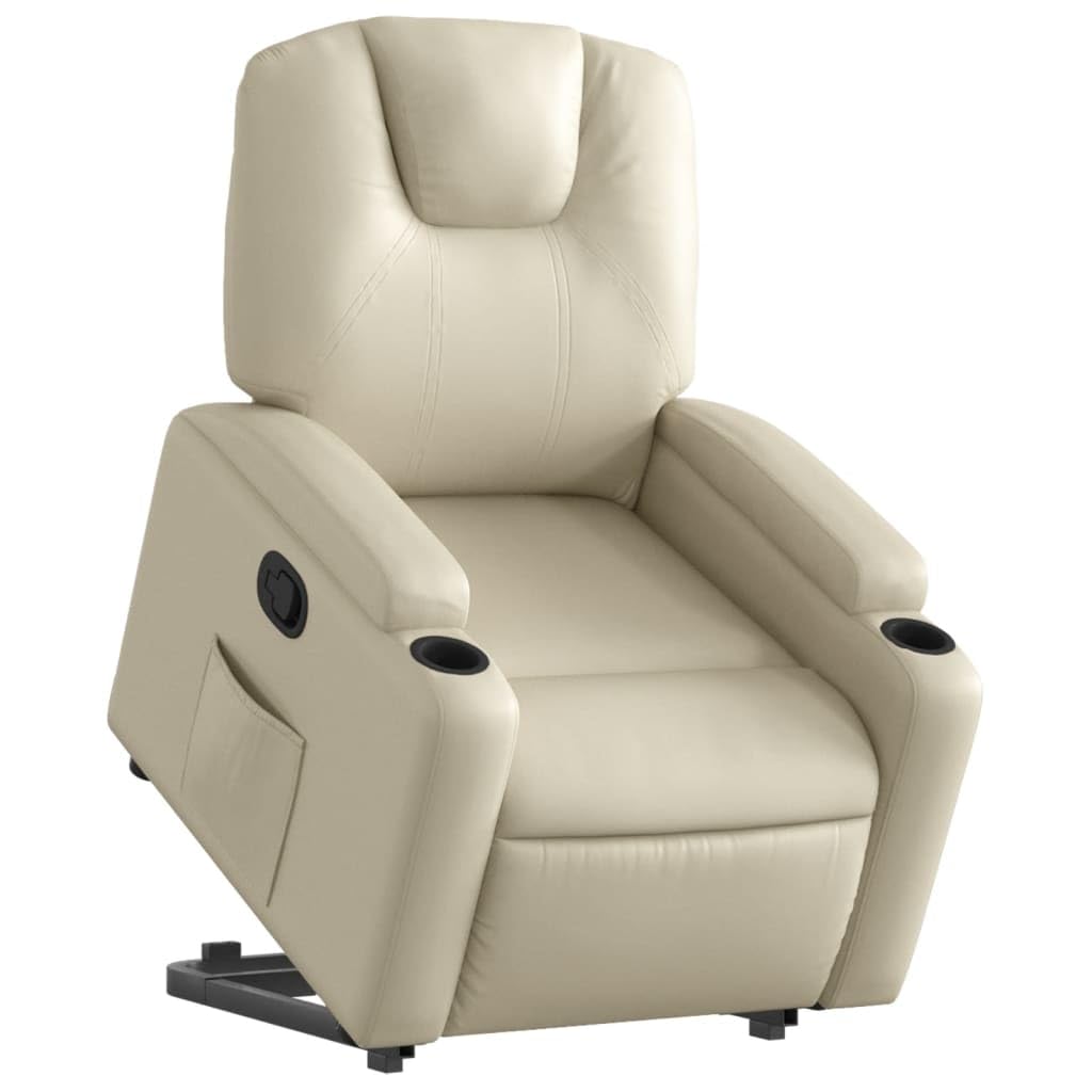 Fotel relaksacyjny z funkcją wspomagania wstawania, kremowy, ze sztucznej skóry, regulowany, z funkcją leżenia, ergonomiczny, wygodny do czytania, biura, z podłokietnikami i stabilną