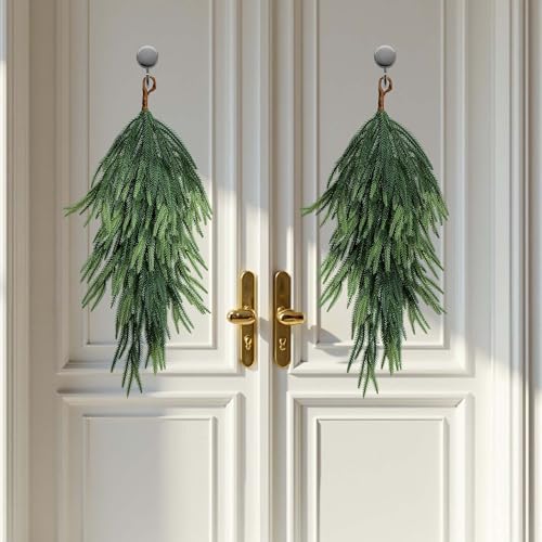 2 Pcs Artificial Christmas Teardrop Swag, 28\" Faux Pine Needles Teardrop Door Swag, Christmas Norfolk Greenery Teardrop Wreath for Xmas Holiday Door Table Mantle Fireplace Indoor Outdoor Decor - Thumbnail 6