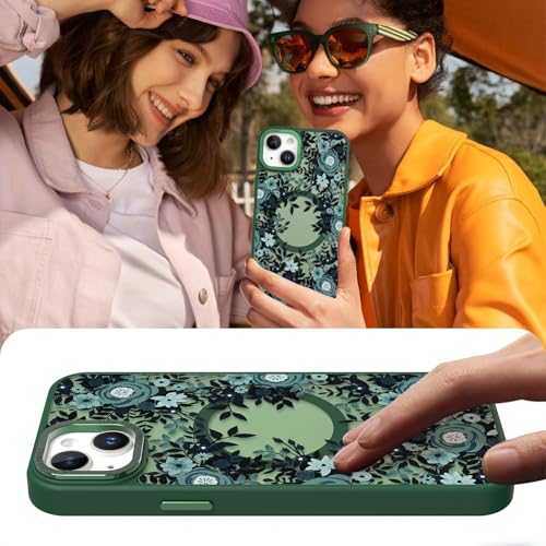 Image of Magnetic for iPhone 14 Plus Case with for Women, Green Flower | Pretty Floral Pattern Design [Compatible with MagSafe] Shockproof Slim Translucent Matte Non-Slip Protective Cover